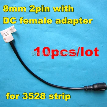 10pcs/lot 2 pinos 8 milímetros LED conector do cabo com a DC adaptador fêmea, para led 3528 LED strip fonte de alimentação ligar, frete grátis.