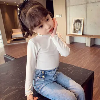 2023 Primavera Luz Nova Moda de Luxo Meninas Assentamento Camisa Crianças Versão coreana do Sólido de Cor de manga comprida T-shirt Top Boutique