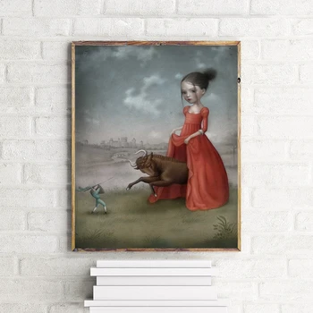 A Menina E a Vaca Por Mark Ryden Arte de lona Imprime Pintura de Parede, Imagens Para Quarto Moderno de Decoração de Casa de Acessórios de obras de Arte