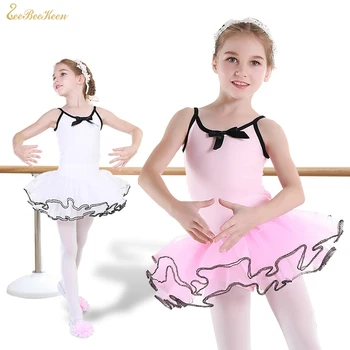 Ballet Collant Para a Menina Ballet tutu de Dança Vestido Para o Filho de Ginástica Collant Branco/cor-de-rosa Sling sem Mangas Bow Tutu de Ballet Vestido