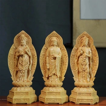 Buxo 20cm Amitabha Guanyin Ocidental Bodhisattva Escultura de Madeira de Três Estátua de Buda, Decoração