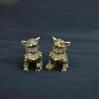 Chinês Antigo De Bronze Fengshui Foo Fu Cão Leão Besta Bixie Estátua Par