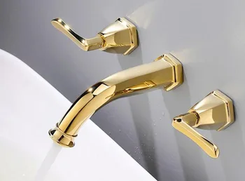 Gold Bronze Parede Faucet da Bacia de Lidar com Dois Canais Mixer Toque Quente e Fria com Torneira BF676