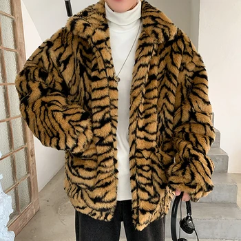 Homem De Inverno, Manter-Se Aquecido Faux Fur Casaco Estilo Coreano De Moda Manga Longa Tigre, Leopardo Engrossar Imitação De Pele Retro Solta A Coats
