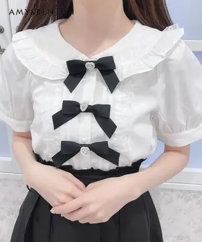 Japonês Lolita Estilo das Mulheres do Verão Top Doce Laço Gola Peter Pan Casual Blusa Arco Sólido de Cor de Camisa de Manga Curta
