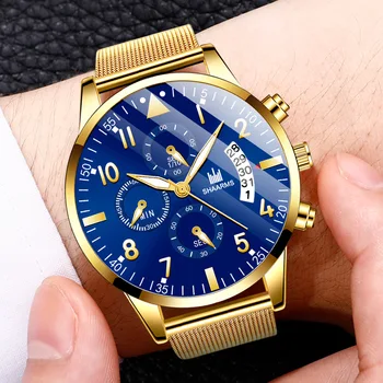 Luxo De Ouro De Aço Inoxidável Da Malha Do Calendário De Relógios Para Homens Moda Casual 3-Olho Militar Relógio De Pulso Masculino Relógio Relógio Masculino