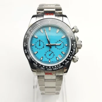 Moda 39mm Cronógrafo de Quartzo Sapphire Crystal Relógio masculino VK63 Calendário de Ostras Pulseira Dial Azul dos Homens Relógio de Quartzo Luminosa