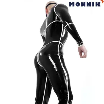 MONNIK latexBlack Látex Homens Bodysuit com Meias Brancas Tiras de Borracha Trajes Macacão Clube