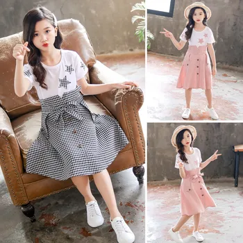 Para crianças, Roupas de Bebê Meninas coreano Vestido de Princesa 2021 Verão Nova Joelho-comprimento Vestidos Xadrez Adolescente Roupas de Crianças de 4 a 12 Anos