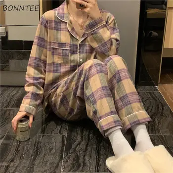 Pijama Conjuntos Mulheres Elegantes Xadrez Kawaii Girls Comprimento Total Do Projeto Popular De Outono Nova Chegada De Lazer Homewear Concurso Diárias Simples