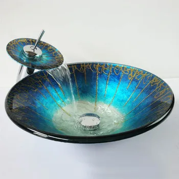 Temperado China Artísticos feitos à mão de vidro, pia de lavatório de vidro, Balcão, pia, Banheiro, Pias de vidro da vaidade bacia azul
