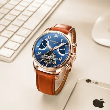 Turbilhão relógio masculino Rose Caso de Ouro Mostrador Azul Carnaval Relógios Automáticos os Homens da Marca de Luxo é um Relógio Mecânico de Moda 2017