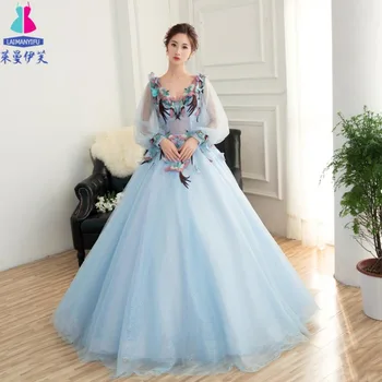 100%verdadeiro luxo luz niagara pássaro azul bordado tribunal medieval vestido de princesa a rainha cosplay vestido de bola longo vestido/vestido de baile