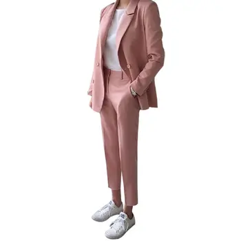 2 peças de conjunto de mulheres de cor-de-rosa terno da moda feminina casual temperamento estilo Britânico senhora office OL queda de roupas para mulheres