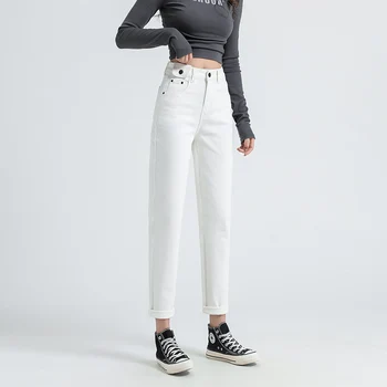 2021 Novo Branca, calça Jeans Reta de Cintura Alta Magro Calças de Harém De Mulheres do Tornozelo-comprimento de Jeans, Calças de Streetwear Mãe de Jean Fundos 519