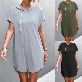 2022 Moda Senhoras Camisola Camisola Com Capuz De Verão Casual Manga Curta De Cor Sólida Vestido Com Capuz Solto, Vestido De Vestidos Mujer