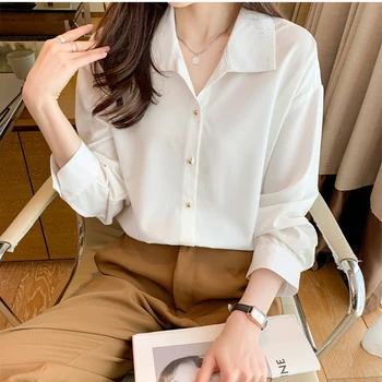 2023 Outono Casual Chiffon Blusa para Mulheres Moda Soltas, Camisas Brancas Mulher Elegante Manga Longa Office Feminina de Camisa 701B