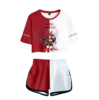 3D populares Genshin as Mulheres de Impacto de Duas Peças de Conjuntos de Moda Shorts+Crop Tops, T-shirt de Verão de Hip Hop de desenho animado de Meninas Vermelho+Branco Ternos