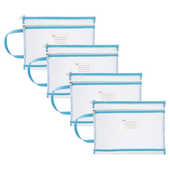 4Pcs Translúcido Documento em formato A4 Saco de Livro, Pastas de Arquivo de papel de carta caixa de Lápis de A4 Malha Pasta Zip Azul