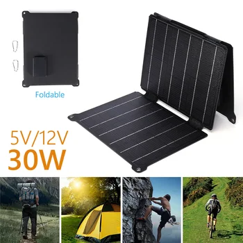 5V/12V Célula Solar Banco Pack com Mosquetão Impermeável 30W de Emergência Painel Solar Dual USB DC Portas de ETFE de Vidro para o Exterior