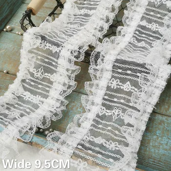 9.5 CM de Largura Tule de Malha Bordado de Flores Franja White Ribbon Preto 3d Tecido de Renda Ruffle Guarnição DIY Material de Acessórios do Vestuário