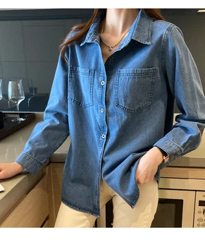 9251#de novembro de retro jaqueta jeans feminina outono e inverno solta camisa de manga comprida sentido de concepção de nicho camisa