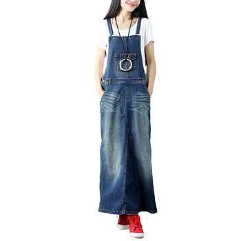 A Coleção Primavera / Verão Senhoras Mulheres Jeans Vestido Sem Mangas Dividir Bolsos Suspender Jeans Vestido Longo