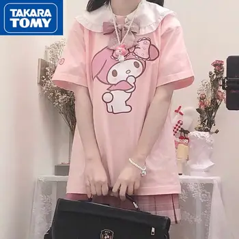 A TAKARA TOMY Verão Meninas Novas Hello Kitty Solta Boneca Gola Namoradas de manga Curta de Estudante Respirável Bonito camiseta Meia-manga