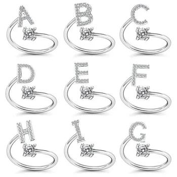 Anéis de dedo Ajustável Mulheres Letras Iniciais de Strass Anéis de Cor de Prata A-Z 2Alphabet