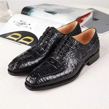 Autêntica Crocodilo Escalas Pele Dedo Apontado Designer Homens do Vestido de Fantasia Sapatos Genuíno Couro de Crocodilo Macho Formal Lace-up Shoes