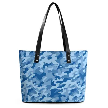 Azul Camuflagem Bolsas de Camo Design Retro Saco de Ombro Escola PU Couro Tote Bag Aluno Ziplock Impressão Shopper Bags