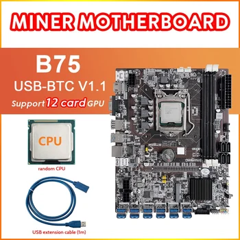 B75 12 de Cartão de BTC Mineração placa-Mãe+Aleatório CPU+Cabo de Extensão USB (1M) 12XUSB3.0 Para PCIE 1X Ranhura LGA1155 DDR3 RAM MSATA