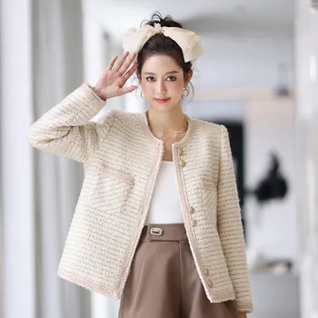 Bege Chaqueta Mujer coreano Moda O-pescoço Único Breasted Jaquetas de Tweed para as Mulheres, Em 2022, Outono, Inverno de Roupas, Casacos de Lã Femme