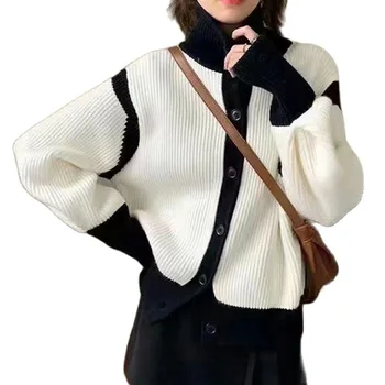 Black White Coats Primavera, Outono, Inverno Malha Vintage Casaquinho de Moda Mulher Elegante, feminina Blusas 2022 Feminino