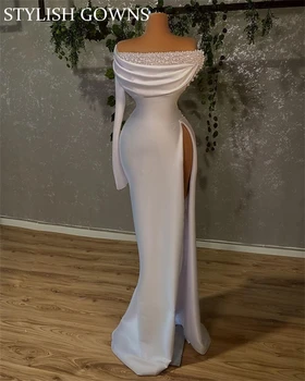 BOHO Luxo Branca de Babados, Pregas, com Cercadura de Pérolas Vestido de Noiva Sereia sem Alças de Alta Fenda de Dama de honra Vestidos de Festa Para Mulheres