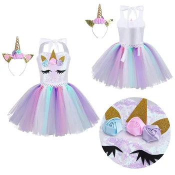 Bonito dos desenhos animados Princesa Crianças Meninas vestem Roupas de Paetês Malha Tutu Vestido com Chifre de Cabelo Aro para Festa de Casamento Vestidos de Cosplay