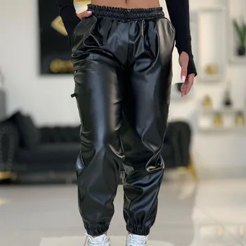 Calças de Couro pretas Mulheres Outono-Inverno Casual Cintura Elástica PU Calças com Bolsos Mulher Moda Feixe Pés Calças Femme Pantalon