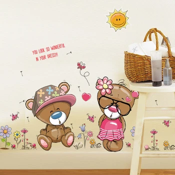 Cartoon Animal Bonito Urso Algumas Flores de Sol Adesivos de Parede Para Crianças Sala do Berçário papel de Parede Decoração Quarto de PVC de Arte Mural