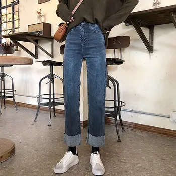 Cintura alta de Mulheres Casual Jeans Nova Chegada 2021 Outono coreano Estilo Streetwear Todos-jogo de Senhoras em linha Reta Jeans Calças T050