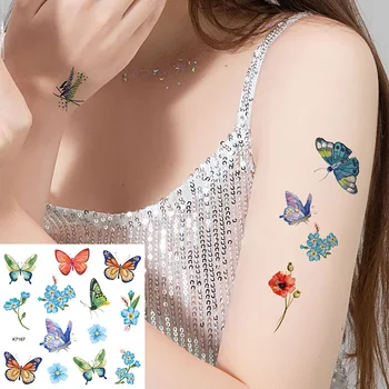Colorido Temporária Tatuagem De Borboleta, Flor Humana Face Impermeável Duração Fake Tattoo Do Braço Perna Artigo Etiqueta Da Arte Do Planta Tatuagem