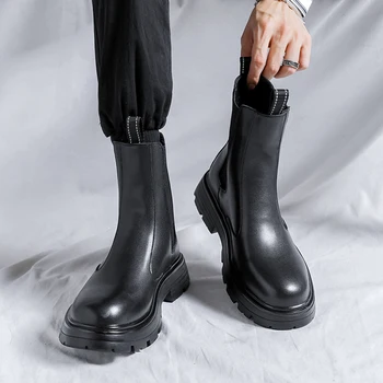 Estilo britânico mens moda chelsea boots preto tendência original sapatos de couro primavera, outono cowboy boot alta plataforma superior botas