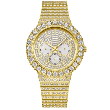 Homens Quentes Da Venda Grande Diamante Relógio De Ouro Bling Gelado Fora De Aço Inoxidável Dial Trabalho Relógios De Pulso De Quartzo Relógio Masculino