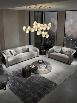 Italiano minimalista sofá de couro de luxo, casa grande família pós-moderna da luz de couro de luxo art sofá de quatro lugares
