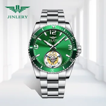 JINLERY Tourbillon relógios Mecânicos para Homens Luxo Homem Machan relógio de Pulso Água Verde Cristal de Safira Relógio Relógio Masculin