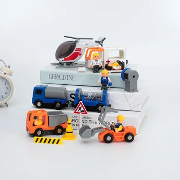 Madeira cena do trem de ambulância de carro engenharia carro ferroviário acessórios de engenharia de resgate definir a faixa de cena de brinquedos educativos