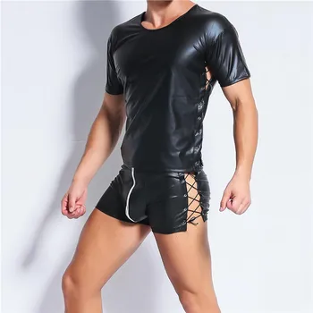 Mens Roupas de Mens roupas íntimas PU de Couro, T-Shirts & Shorts Oco Gays de Homens de Cueca Estágio de Dança de Noite Clubwear