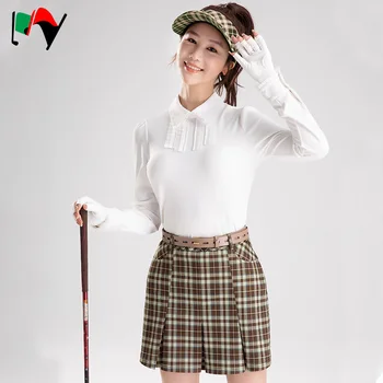 MEU Golf Terno Novo Estilo de Colégio Branca de Manga comprida T-shirt Simples Laço Gola Polo Camisa Xadrez Saia Plissada Roupas de Golfe Mulheres