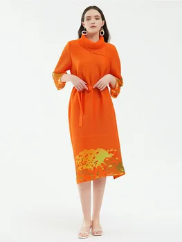 Miyake Mulher Plissado Vestido de Design de Impressão e Espesso Colar com Cinto de Midi Elegante Feminino Casua Estilo de 2022 Novos Vestidos Outono