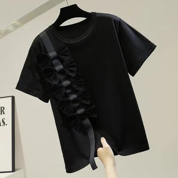 Moda Tridimensional do Arco de Manga Curta T-shirt Mulher 2021 Novo Estilo coreano Elegante Meninas Senhora Superior Camisetas De Mulher