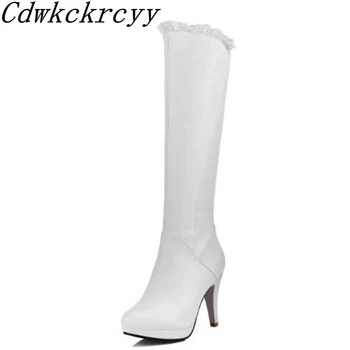 Mulheres Botas de Outono e inverno Novo estilo de moda preto branco zíper Lateral Botas de salto Alto Magra da perna de Alta cilindro botas de Cavalaria